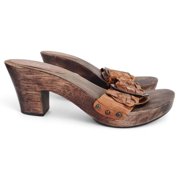MIA Woven Leather Wood Platform Sandals Brown Buckle Slide Heels Size 8 - Picture 2 of 16